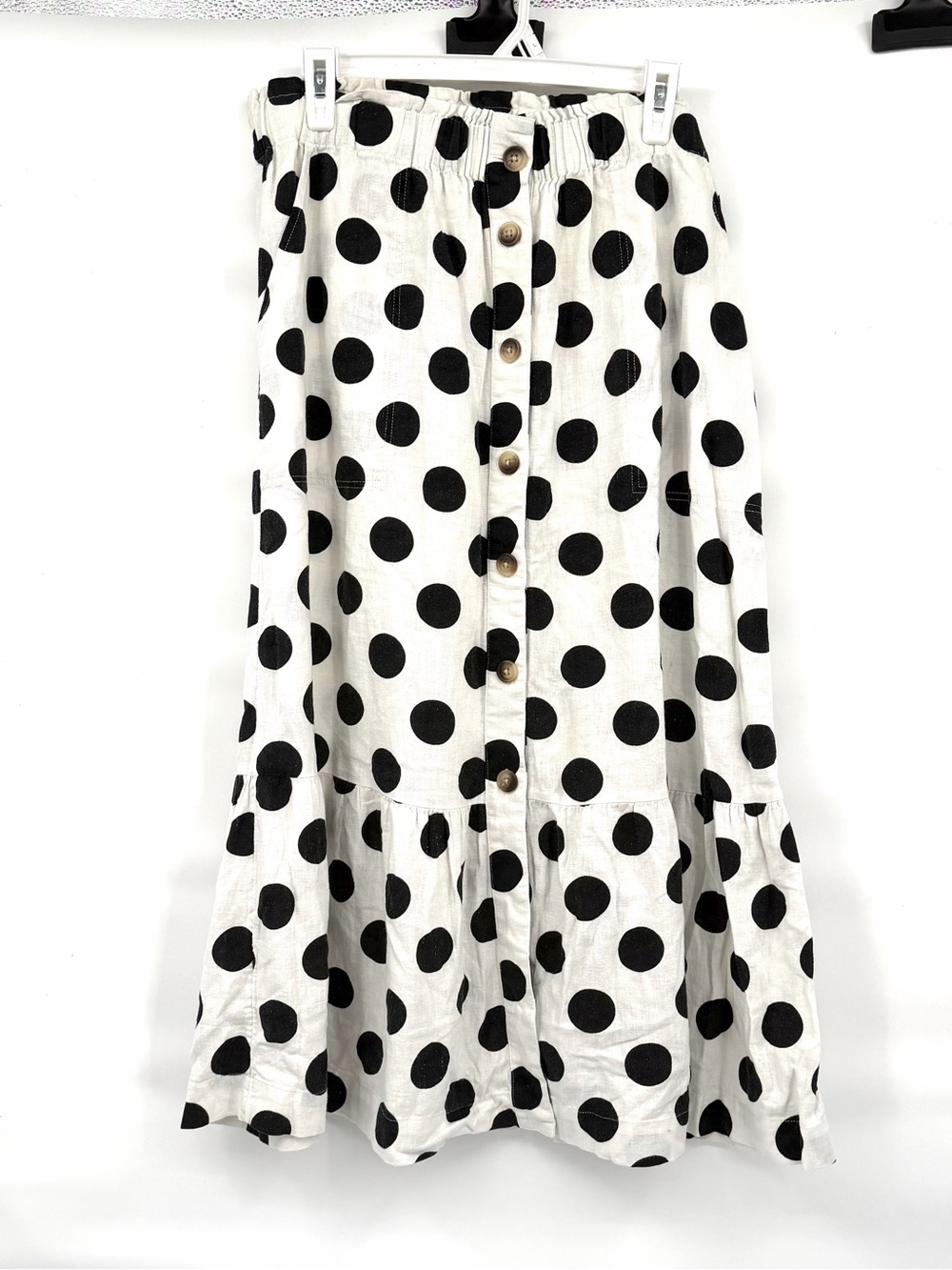 The get black white linen polka dot midi skirt